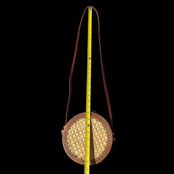 Round Woven Rattan Crossbody Bag Brown Box Purse Boho Shoulder Bag Wicker - Picture 7 of 9